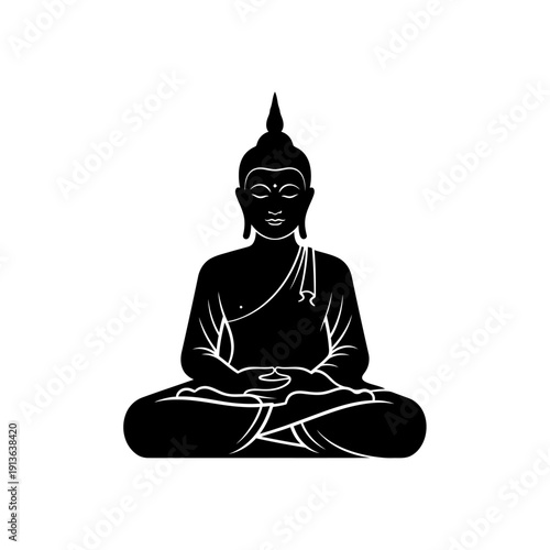 A black silhouette of a meditating buddha in a lotus position