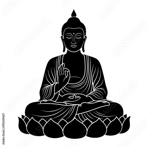 Black silhouette of buddha meditating in lotus position peaceful artwork