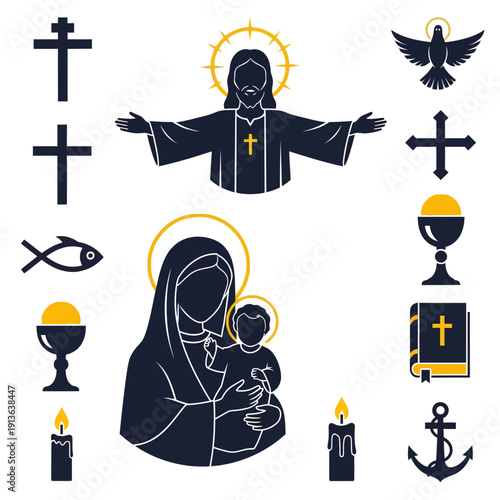 Christian religious symbols including jesus mary and various emblems