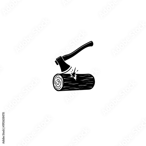 black and white vector illustration of an axe hitting a wood log and a pickaxe striking a rock. Dynamic symbol for forestry, mining, manual labor, and raw materials processing
