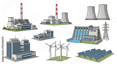 Collection of energy generation facilities and power plants.