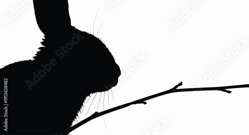  A minimalist silhouette of a rabbit's whiskered face, partially obscured by a branch, with a slight curve to the whiskers.