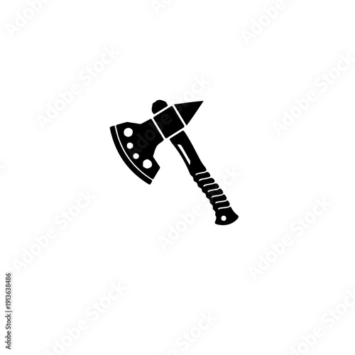 black and white vector of a tactical survival axe featuring a textured grip and hex wrench holes on the head. A sleek, functional icon for outdoor gear, survivalist branding, and modern hardware tools