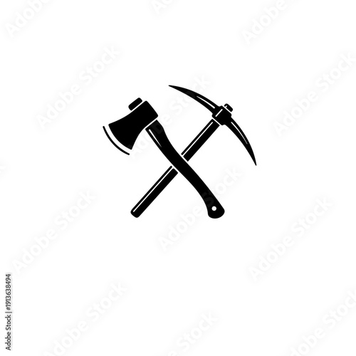 black and white vector illustration of a traditional wood axe and a pickaxe crossed in an X-shape. A rugged symbol for forestry, mining, excavation, and manual labor branding