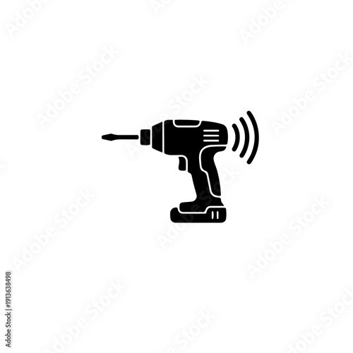 black and white vector of an ergonomic cordless electric screwdriver. A clean silhouette representing modern construction, DIY power tools, and efficient home repair