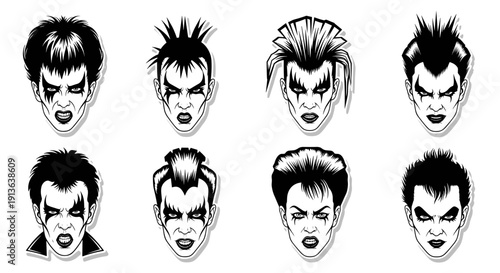 A captivating collection of eight black and white gothic punk rock male faces, each showcasing unique hairstyles and intense, dramatic makeup.