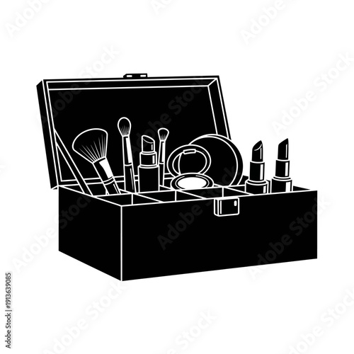 Open black cosmetic case filled with makeup brushes and beauty products