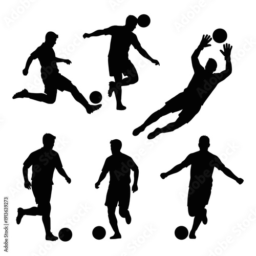 Silhouettes of soccer players in various action poses a dynamic sports illustration