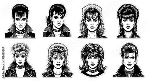 A collection of diverse black and white portraits showcasing various alternative hairstyles and fashion from the 1980s subcultures, perfect for retro designs.