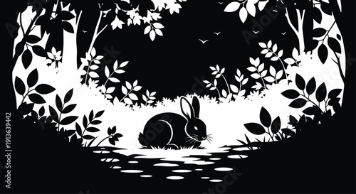 A solitary rabbit, curled up in a dense forest scene, with dappled sunlight filtering through the leaves. Focus on a simple, elegant silhouette.