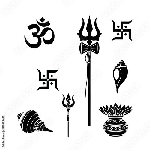 Hindu religious symbols including om swastika and trident illustrations