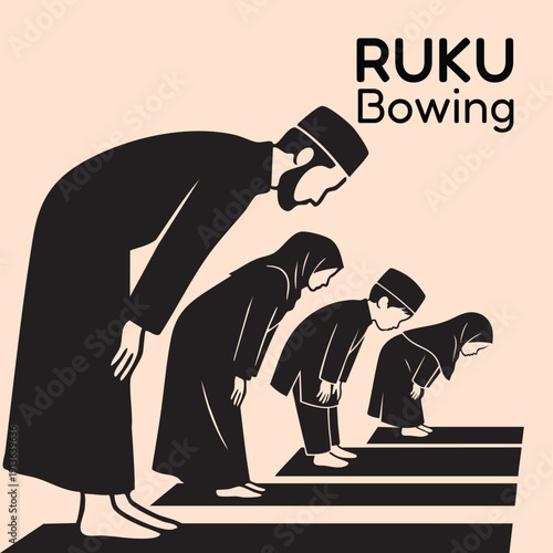 Muslim family performing the ruku bowing position in prayer, vector illustration