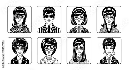 A collection of black and white vector illustrations depicting diverse 1960s-inspired male and female avatars with various hairstyles and eyewear, perfect for retro design projects.