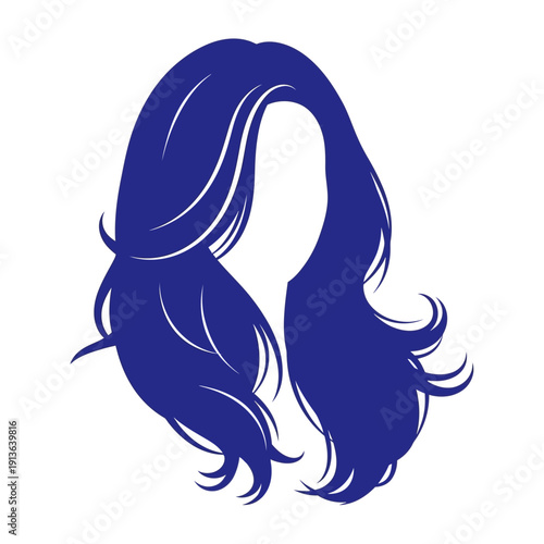 Stylized illustration of long flowing dark blue hair with highlights