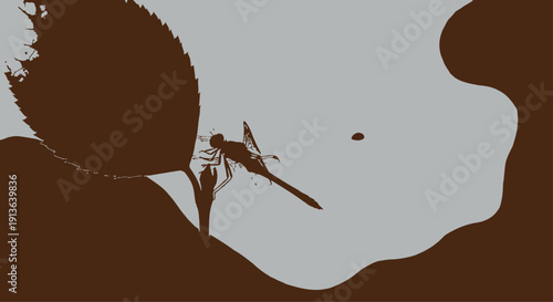 A minimalist silhouette of an orange leaf, with a delicate dragonfly perched on its surface.
