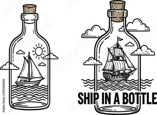 Hand drawn ship in a bottle vector illustration featuring a sailing boat and ocean waves