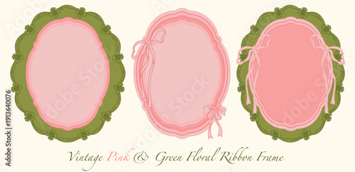 Vintage Pink and Olive Green Floral Ribbon Frame Oval Decorative Vector Set