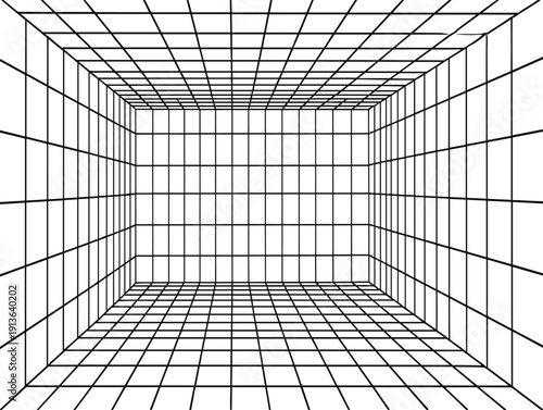 Abstract 3D grid room with linear perspective for virtual reality background or digital architectural visualization