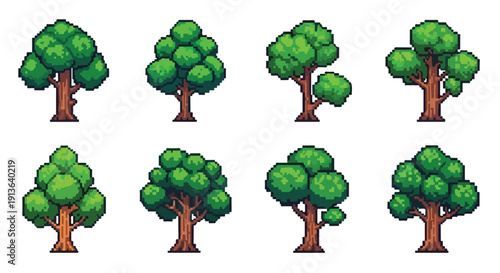 A diverse collection of eight charming pixel art trees, each featuring unique green canopies and brown trunks on a white background.