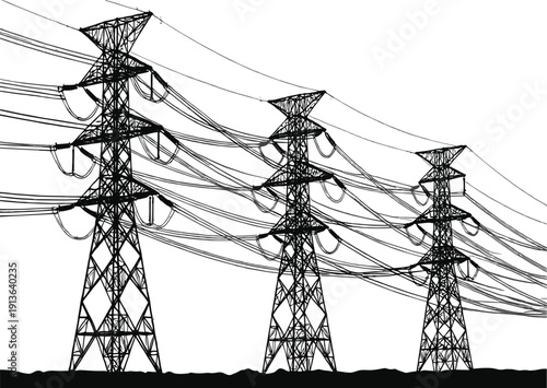 Detailed hand drawn high voltage power line towers vector illustration for industrial energy coloring pages