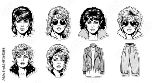 A captivating collection of vintage 80s hairstyles and fashion elements, featuring various women's portraits and classic clothing items.