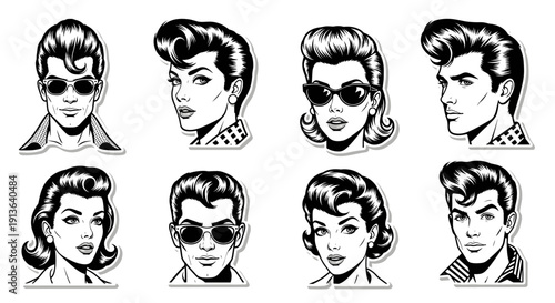 A collection of retro 1950s rockabilly style portraits featuring men and women with classic hairstyles and sunglasses, depicted in a vintage comic book art aesthetic.