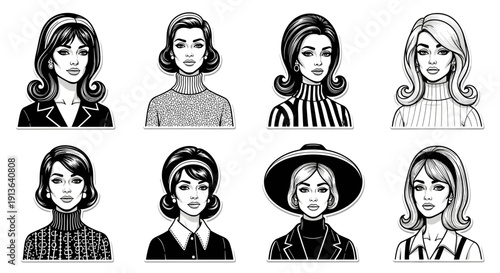 A collection of stylish women portraits in retro 1960s pop art comic book style, featuring various hairstyles and fashion.