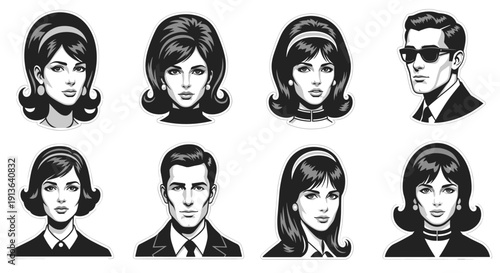 A captivating collection of retro-inspired male and female portraits, showcasing classic 1960s hairstyles and sophisticated fashion in a monochrome aesthetic.