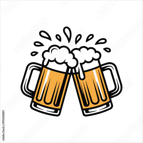 Two clinking beer mugs with splashing foam line art illustration