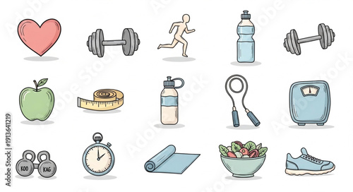 Collection of hand drawn fitness and health icons.