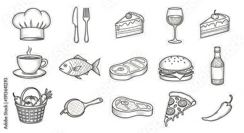 Collection of Hand Drawn Food and Drink Icons.