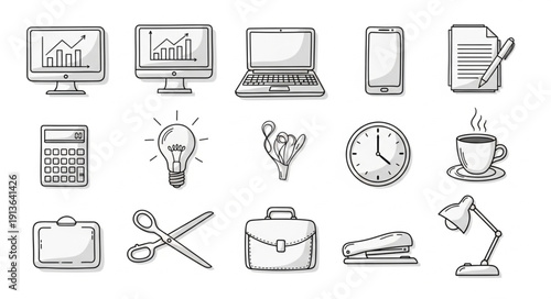 Collection of Hand Drawn Office Supplies and Technology Icons.