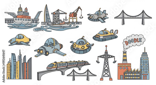 Collection of futuristic cityscapes and transportation elements.