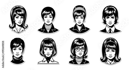 A captivating collection of eight distinct retro female portraits, showcasing diverse hairstyles and expressions in a classic black and white pop art style.