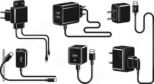 Set of USB wall charger adapters with cables, black silhouette vector illustration of smartphone charging devices isolated on white background