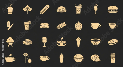 Collection of golden food and drink icons on black background.