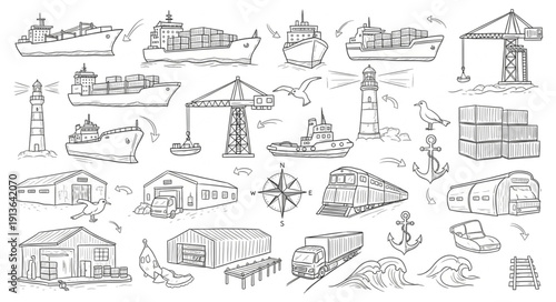 Collection of hand drawn architectural sketches and building designs.