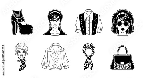 A captivating collection of retro 60s and 70s fashion accessories and clothing, featuring iconic styles like platform shoes, mod hairstyles, and vintage blouses, perfect for nostalgic design projects.