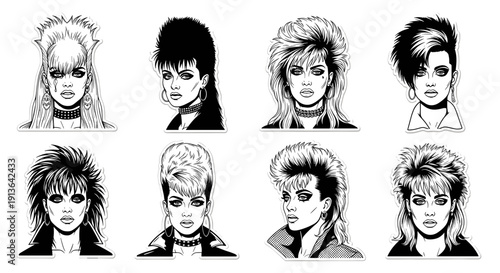 A captivating collection of diverse 1980s-inspired hairstyles, showcasing various punk and new wave looks with bold, edgy aesthetics.