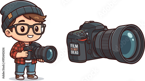 Cartoon Photographer Holding Camera With Large DSLR Camera Beside Pixel Art Style