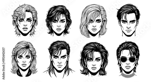 A captivating collection of diverse 1980s-inspired female and male character portraits, showcasing various hairstyles and expressions in a striking black and white comic book art style.