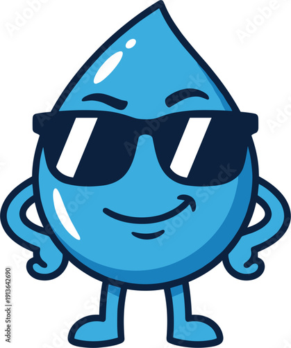 Cartoon Water Drop Character Wearing Sunglasses with a Cool Expression