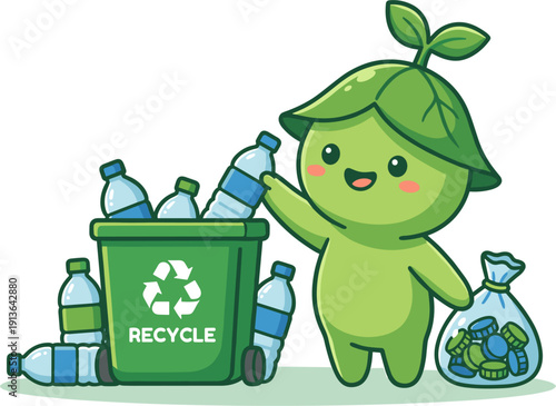 Cute Green Character with Leaf Hat Recycling Plastic Bottles in a Green Bin