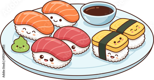 Cute Pixel Art Sushi Platter With Salmon Tuna Tamago And Wasabi