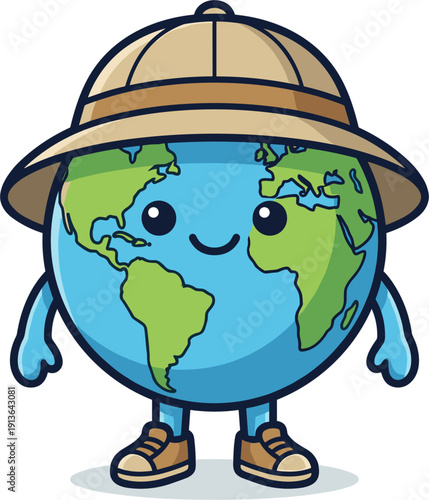 Happy Cartoon Earth Explorer Wearing Pith Helmet and Hiking Boots Adventures