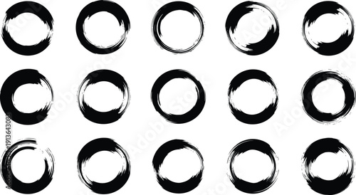 Black Circular Brushstroke Icon Set Depicting Enso Zen Symbol, Minimalist Circles, Artistic Texture, and Abstract Graphic Design Concept