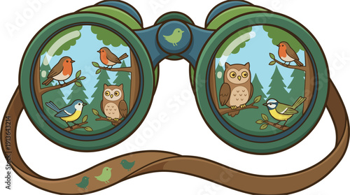 Pixel Art Binoculars Showcasing Forest Birds And Owls In Nature Scene With Trees