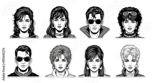 A captivating collection of diverse 80s-inspired male and female portrait illustrations, showcasing retro hairstyles and fashion with a strong, graphic aesthetic.