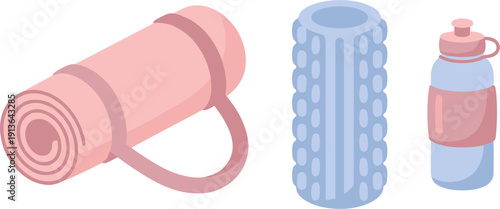 Rolled Pink Yoga Mat Blue Foam Roller and Water Bottle Isolated on White Background