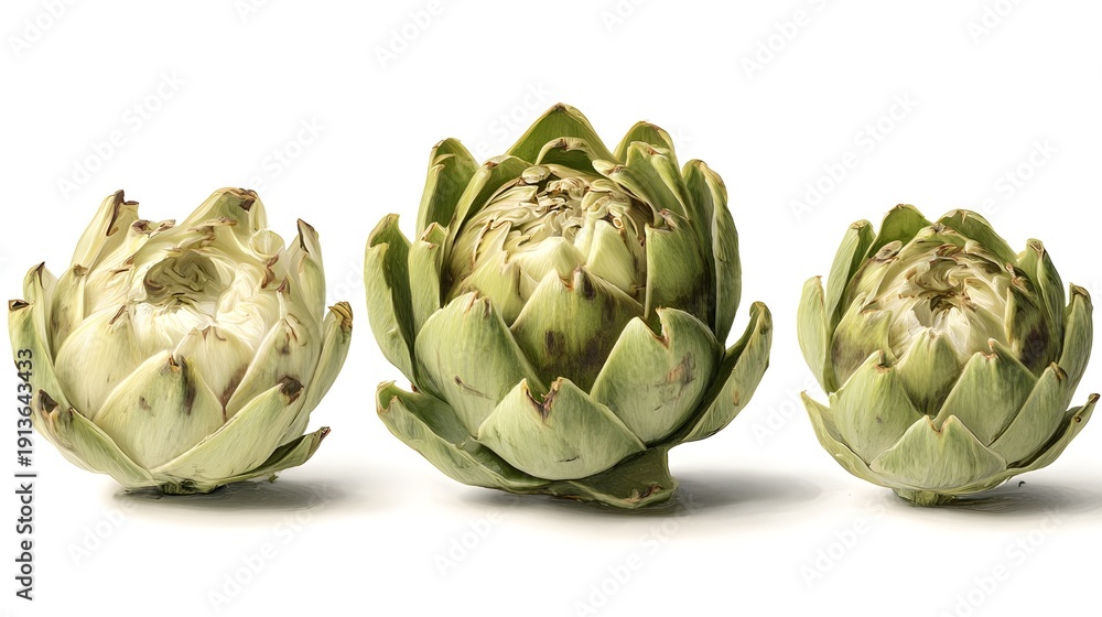 Obraz premium Artichoke Trio Progression with Petals Opening Gradually, Botanical Food Study Image for Editorial and Packaging